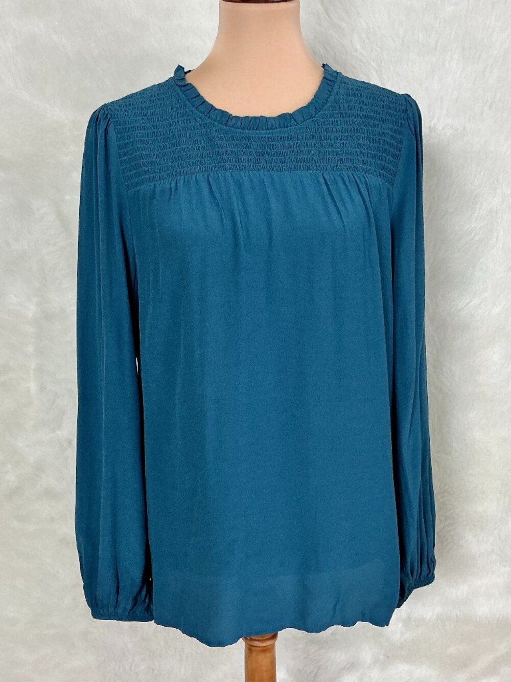 Talbots Smocked Ruffle Collar Blue Long Sleeve Blouse Office Fall Career NWT L